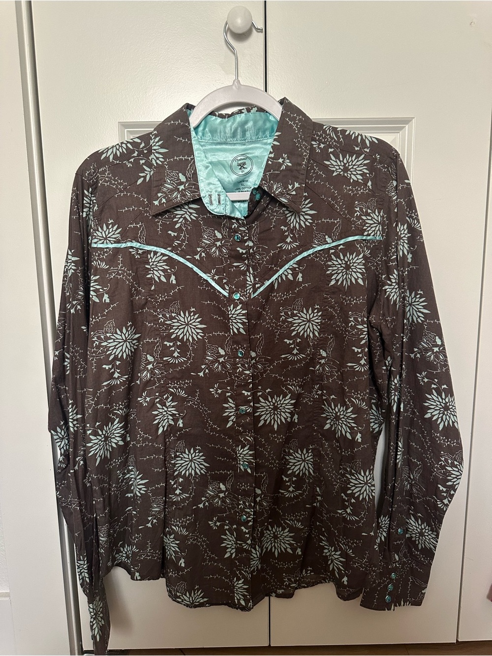 Women's Brown Floral Western Shirt Jacket with Mint Piping